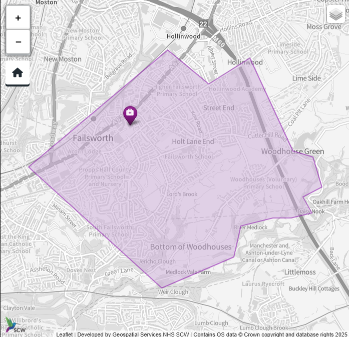 Map showing Quayside Medical Practice catchment area covering Failsworth and surrounding areas
