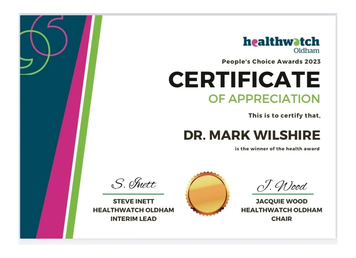 Healthwatch Oldham Certificate of Appreciation for Dr Mark Wilshire